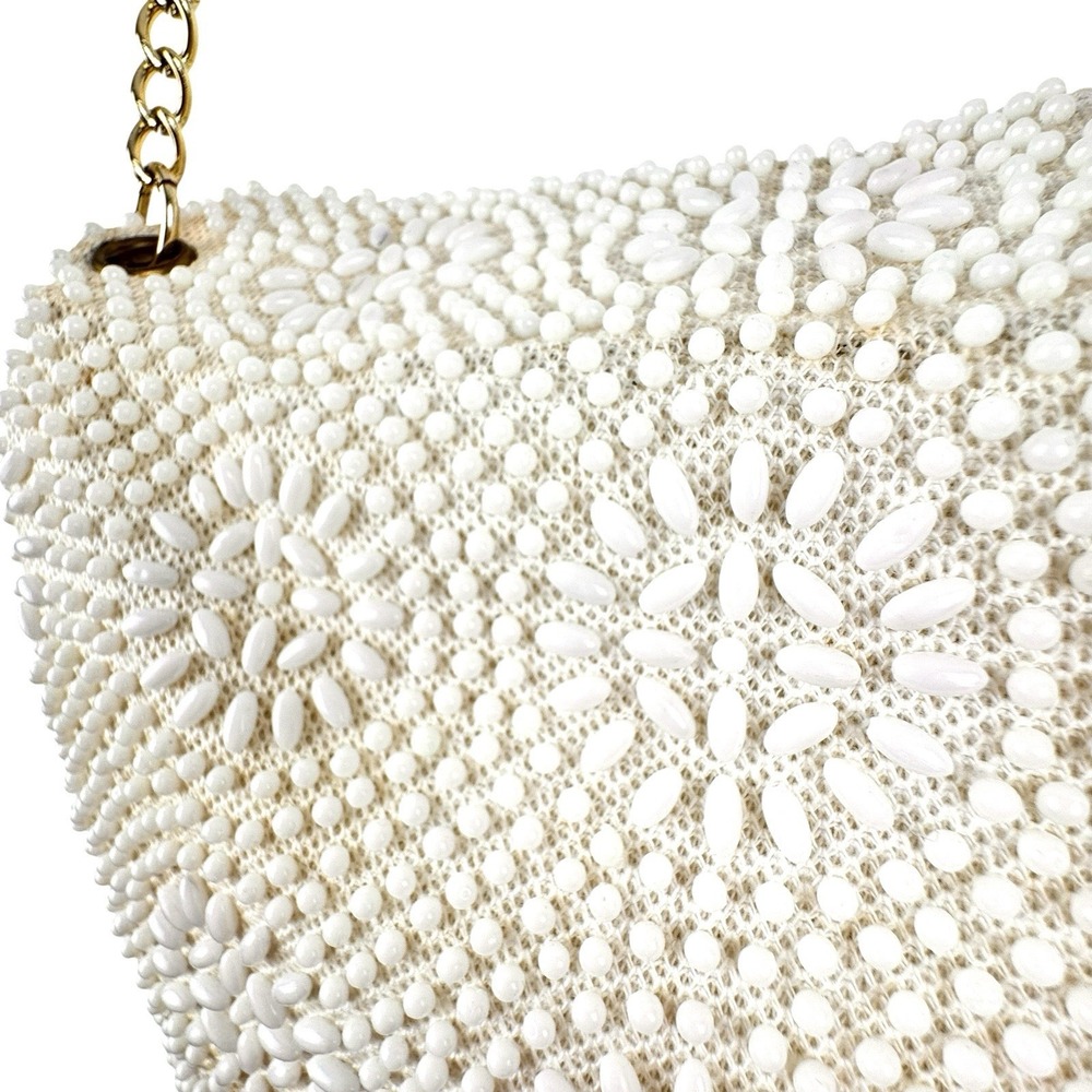 VTG Beaded Purse Ivory Gold Shoulder Chain Evening Retro Elegant Formal 50s 60s